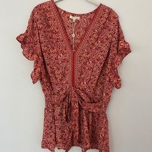 NWT Women's MAX STUDIO Ruffle Cap Sleeve Tie Waist Blouse Red Floral XL
